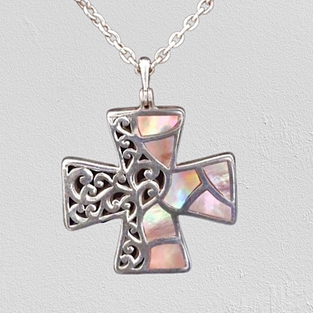 LOIS HILL Abalone Mosaic Inlay Yin Yang Baltic Cross & Sterling Silver Necklace